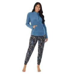 Women's Cuddl Duds Fleece Long Sleeve Pajama Top And Banded Bottom Pajama Pants Sleep Set